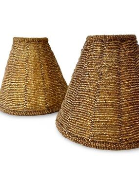 Handcrafted Vintage Amber Glass Beaded Lamp Shades - Metallic Antique Gold Pair